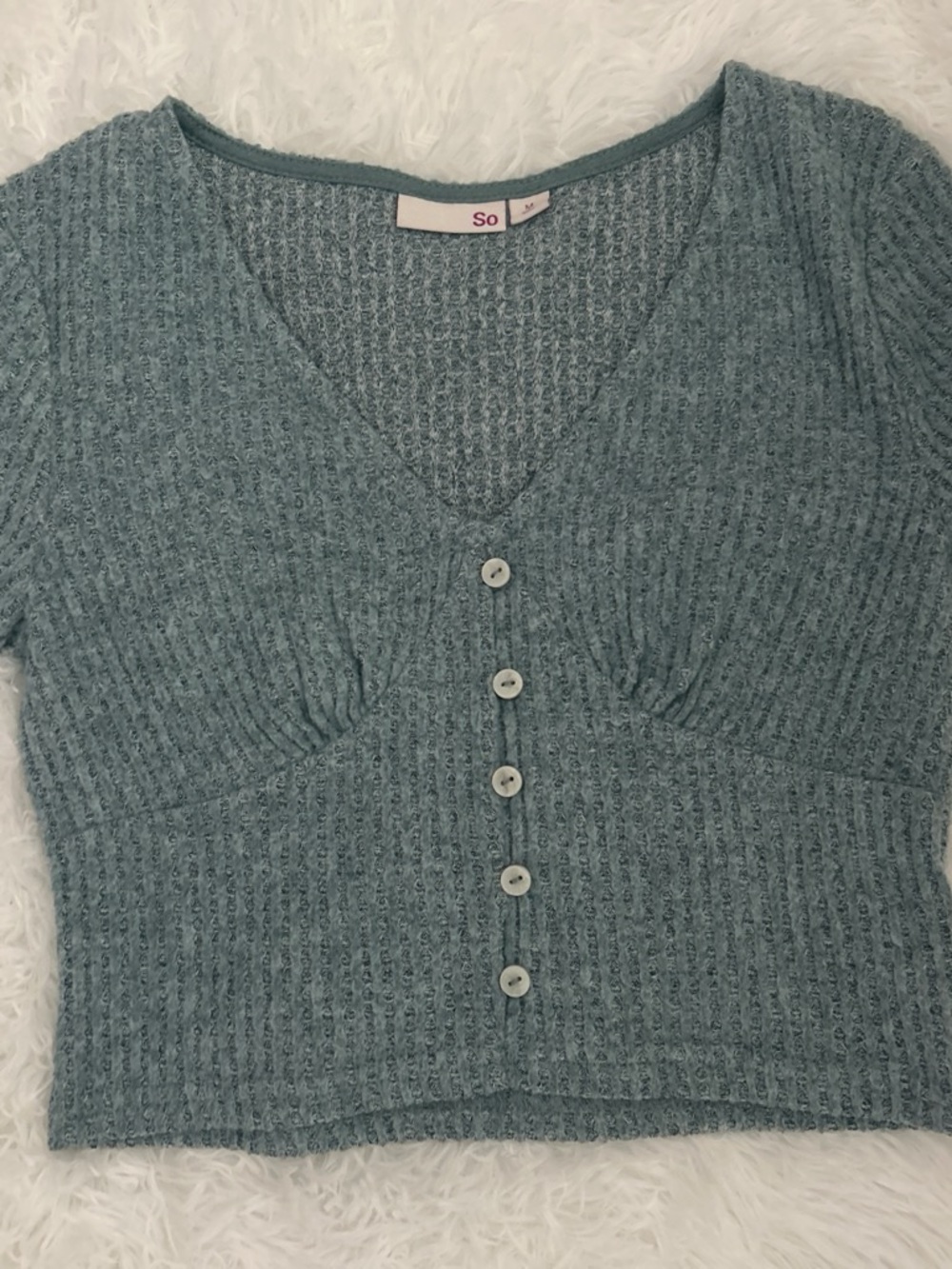 SO Ribbed V-Neck Button Front Crop Sweater - Seafoam